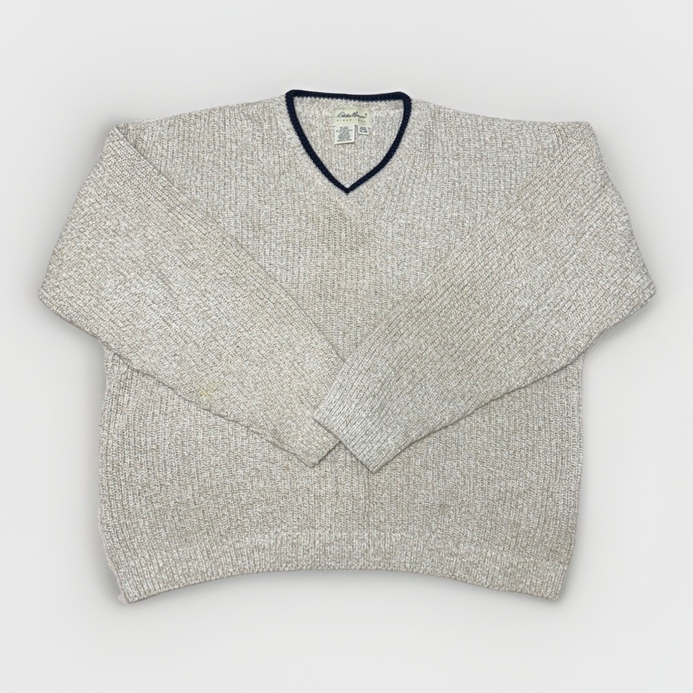 Eddie Bauer Sweater Men's XL Made in USA Cotton Blend V-Neck Beige Vintage Knit